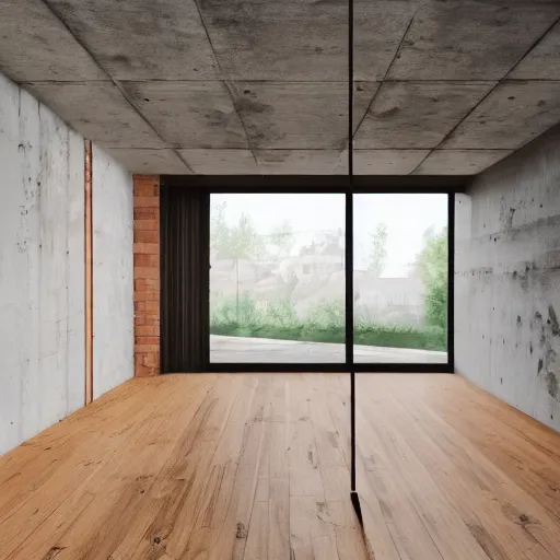 Image similar to hyper realistic one point perspective of living room, wood, concrete, brick