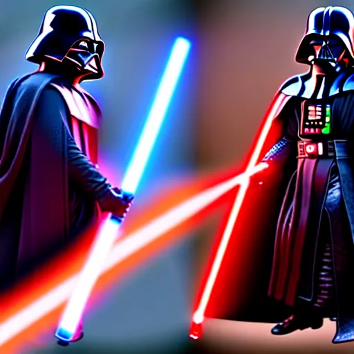 Prompt: ultra detailed picture of a fight between darth vador and anakin skywalker, unreal engine, extremely detailed, epic, dark, highly realistic, beautiful, ultra hd