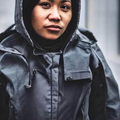 Prompt: photographic portrait of a poor techwear mixed woman, closeup, sigma 85mm f/1.4, 4k, depth of field, high resolution, 4k, 8k, hd, full color