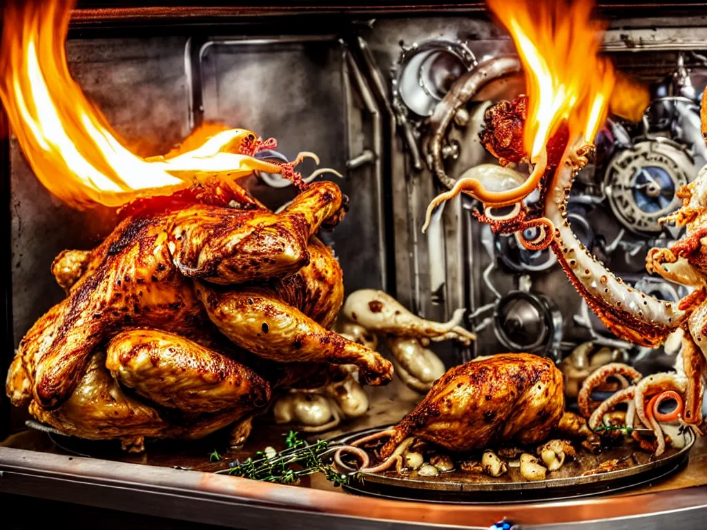 Prompt: a perfect photograph of a mechanical man roasting like a chicken in a giant oven, garnished with squid, dog, thyme and onion.