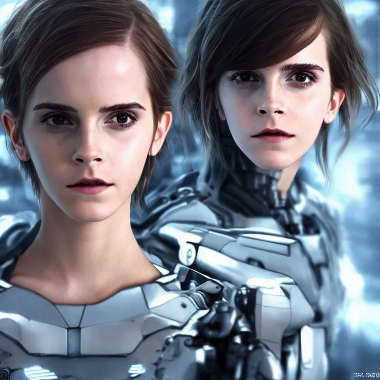 Prompt: scifi emma watson looks like ghost in the shell, extremely high detail, high detailed face, smiling woman, cyborg, photorealism, emma watson, sony a 7 r