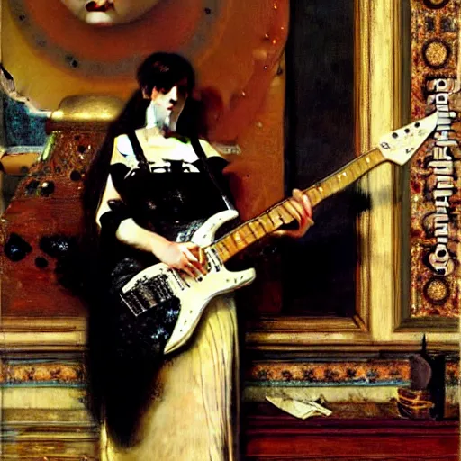 Image similar to Goth girl playing electric guitar by Mario Testino, oil painting by Lawrence Alma-Tadema, masterpiece