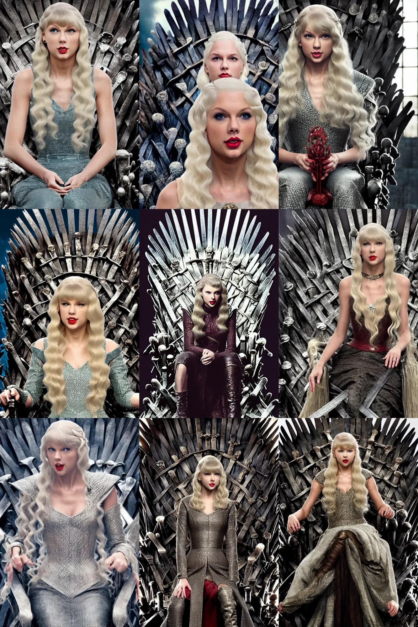 Prompt: taylor swift as a targaryen queen, sitting on the iron throne, still from game of thrones