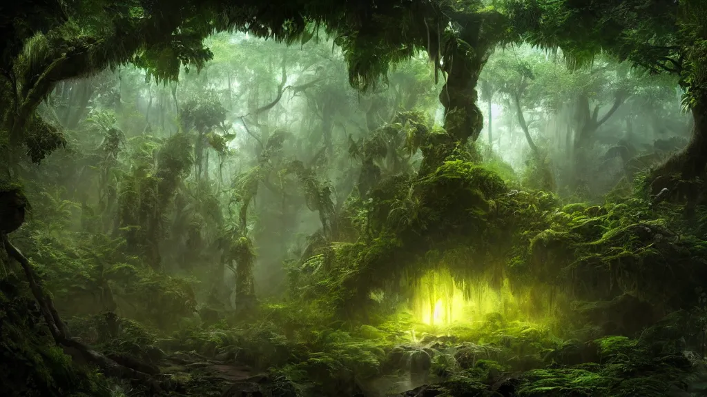 Prompt: ancient magical rainforest, dramatic, ultra - wide angle, long exposure, ultra - hd, beautiful lighting, ray tracing global illumination, in a symbolic and meaningful style, the birth of consciousness, trending on artstation, concept art, hyper realism