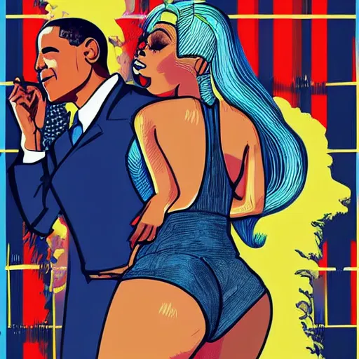 Prompt: nicki minaj hugged by barack obama from behind, soviet colored propaganda poster, highly detailed illustration