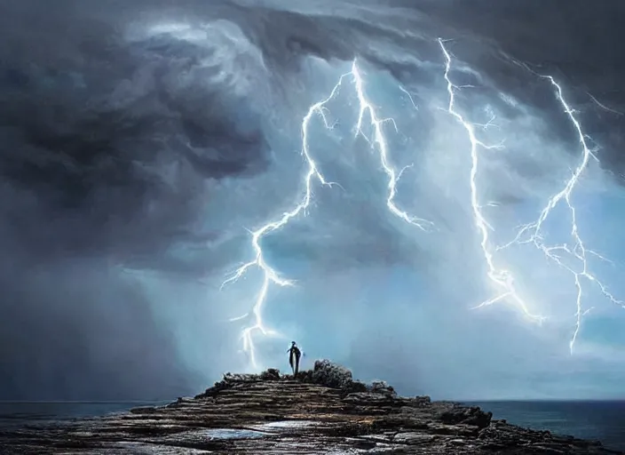 Prompt: a man with a long wavy black hair wearing a long blue coat and stands with his back to the viewer on bare rocky ground looking up at an immense approaching lightning storm. roiling dramatic threatening dangerous looming clouds. fantasy art by greg rutkowski and michael whelan