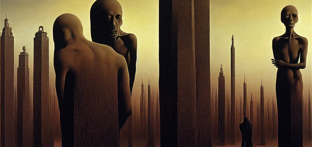 Image similar to dystopian surreal painting of a single eerie head statue surrounded by buildings by zdzisław beksinski and caravaggio