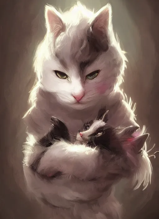 Image similar to cat black and white fur, pink nose, tiny, small, miniature animal, baby animal, short, cute and adorable, pretty, beautiful, dnd character art portrait, matte fantasy painting, deviantart artstation, by jason felix by steve argyle by tyler jacobson by peter mohrbacher, cinematic lighting