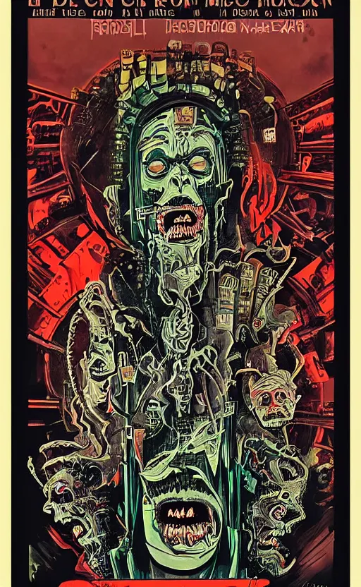 Image similar to cursed with necronomicon horrorcore cel animation poster depicting i don't know, intricate faces, metropolis, 1 9 5 0 s movie poster, post - processing, vector art