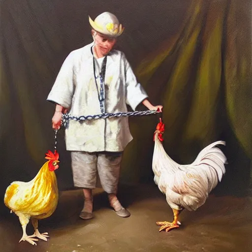 Image similar to chickens owning a human pet, human on leash, chicken is holding the leash, oil painting, hyper realistic,