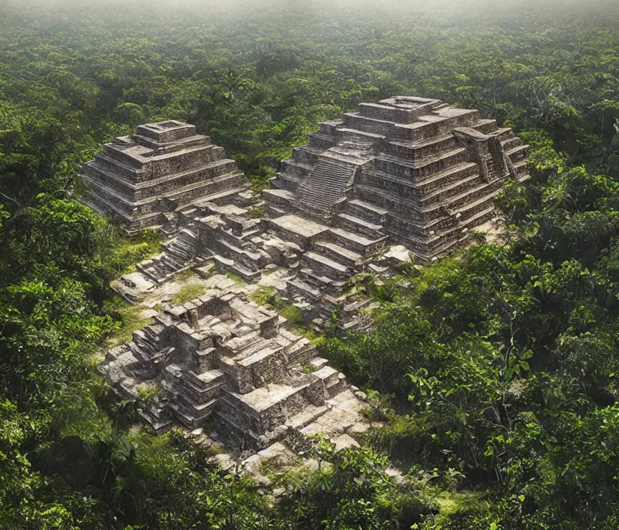 Image similar to a spectacular imax view of the beautiful ruins of a mayan temple in the jungle forest of yucatan, art by federico pelat and greg rutkowski and james gurney, hyperrealism