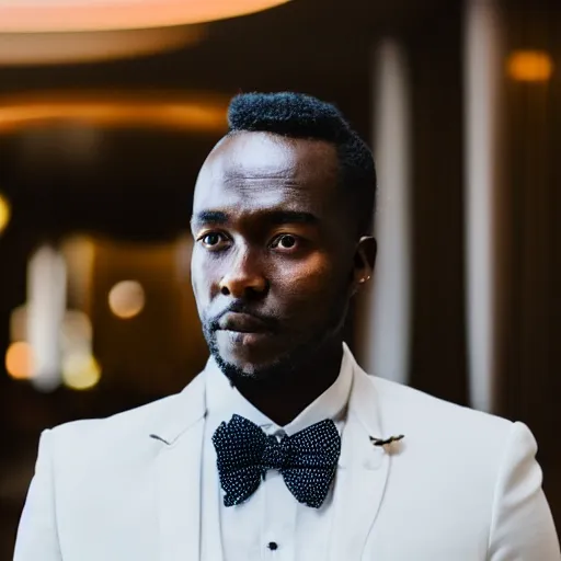 Prompt: closeup of a well groomed African man wearing a white tuxedo, standing in a hotel lobby; bokeh cinematic portrait, realistic photo, 32mm lens