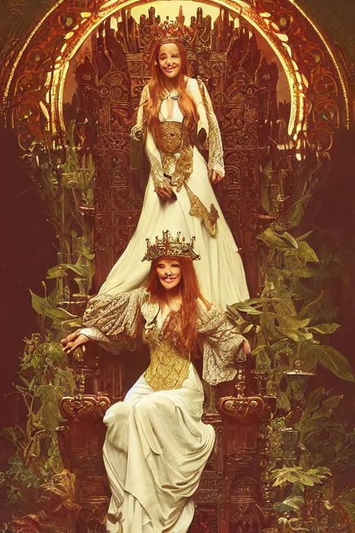 Image similar to Queen Jane Seymour sitting on a throne, fantasy, intricate, beautiful lighting, by Stanley Artgerm Lau, greg rutkowski, thomas kindkade, alphonse mucha, loish, norman Rockwell