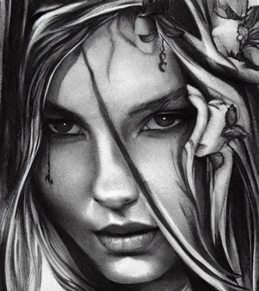 Image similar to tattoo design sketch of a very beautiful woman face against a background of beautiful mountains and nature, hyper - realistic, in the style of den yakovlev, amazing detail, black and white