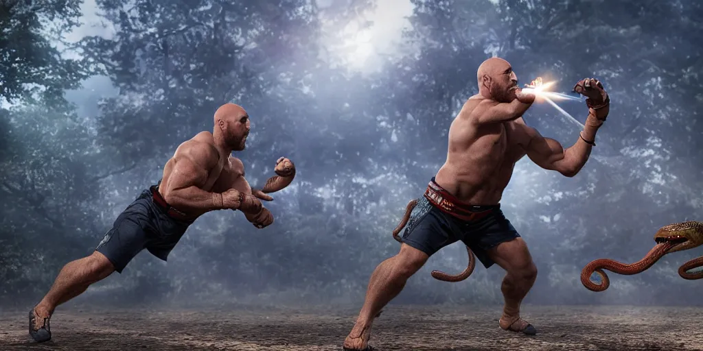 Image similar to The Ryback fighting a snake outdoors, highly detailed, intricate, hyperrealistic, photorealistic, ultra hd, global illumination lighting, award-winning, 4k, beautiful color, high quality, high textured, lens flare