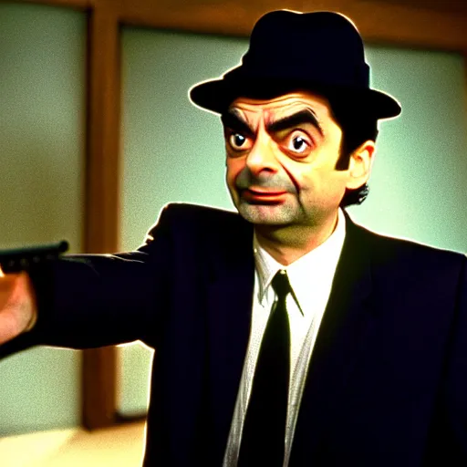 Image similar to mr. bean as a blues brother from the blues brothers movie. movie still. cinematic lighting.