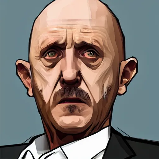 Image similar to Jonathan Banks aka Mike Ehrmantraut from Better Call Saul as a GTA character portrait, Grand Theft Auto, GTA cover art