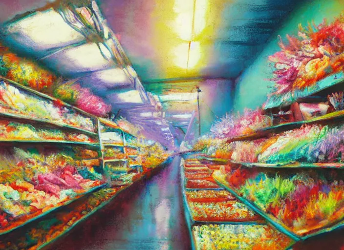 Prompt: clean impasto expressionist bright cheery placid pastel deep cozy moody cluttered painterly fluffy tiny cramped live pet store, aisles of aquariums, slanted ceiling, tiny space, particulate, trending on pixiv