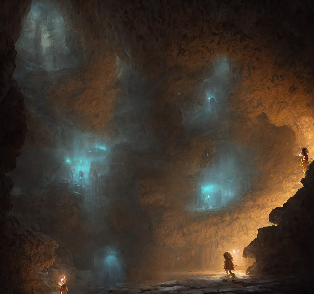 Prompt: a brown skinned little girl with mid curly white hair, looking at blue liminescent hieroglyphics inside a dark cave alone by greg rutkowski, artstation, hyperdetailed, dramatic, epic painting, cgsociety, sharpness, 8 k, golden ratio