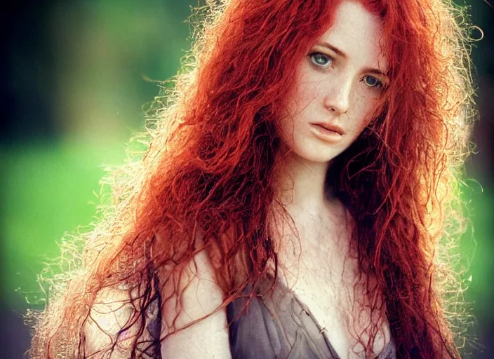 Image similar to award winning 8 5 mm close up face portrait photo of a redhead with wavy long hair and freckles in a park by luis royo.