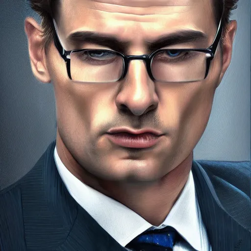 Image similar to handsome serious man in a three - piece suit, hyper realism, digital painting, high quality, detailed portrait