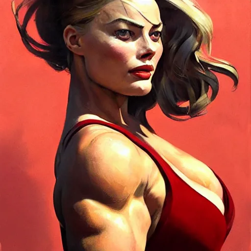 Image similar to greg manchess portrait of margot robbie as thick female bodybuilder lara croft wearing red dress, epic grimdark, fantasy, medium shot, asymmetrical, profile picture, organic painting, sunny day, matte painting, bold shapes, hard edges, street art, trending on artstation, by huang guangjian and gil elvgren and sachin teng