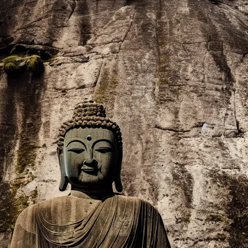 Image similar to huge stone buddha statue on a cliff, rule of thirds, 8 k, moody, water, intense color, highly detailed, dream landscape, wide, cinematic, hyperrealistic, stone, old ruins,