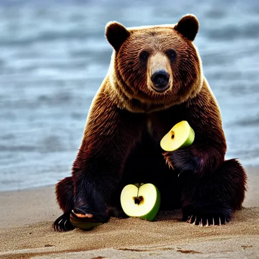 Image similar to national geographic photograph of a bear eating an apple, on the beach