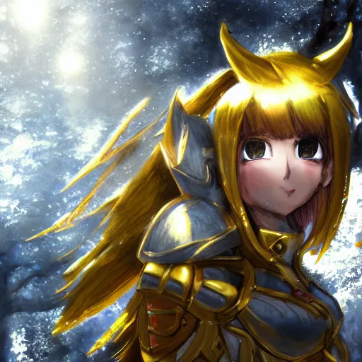 Prompt: portrait focus of beautiful knight 3D anime girl, golden armor wearing, dark forest background, snowing, bokeh, inspired by Masami Kurumada, digital painting, high contrast, unreal engine render, volumetric lighting, high détail