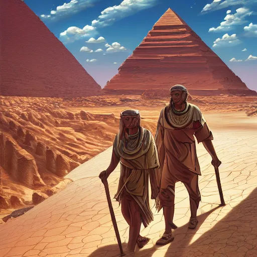 Prompt: highly detailed illustration of people in ancient canaanite clothing walking in the deserts of ancient egypt by makoto shinkai, by oliver vernon, by joseph moncada, by damon soule, by manabu ikeda, by kyle hotz, by dan mumford, by otomo, 4 k resolution