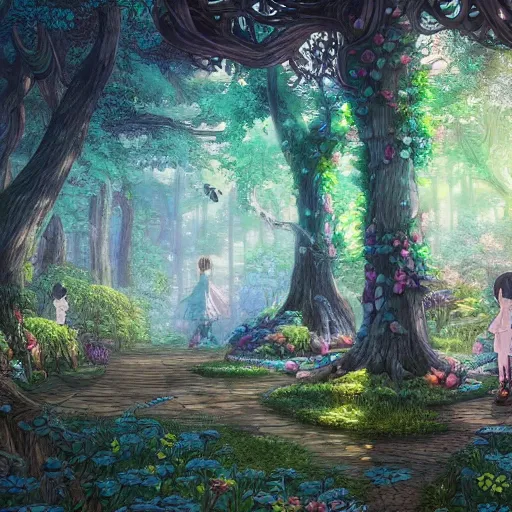 Image similar to the aesthetic view of the beautiful, grand, wistful, dreamy hidden forest at dusk, hyperrealistic anime illustration by iralki nadar, colorful, extremely detailed, intricate linework, super sharp focus, bright colors, octopath traveler, studio ghibli, unreal engine 5 highly rendered, global illumination, radiant light, detailed and intricate environment