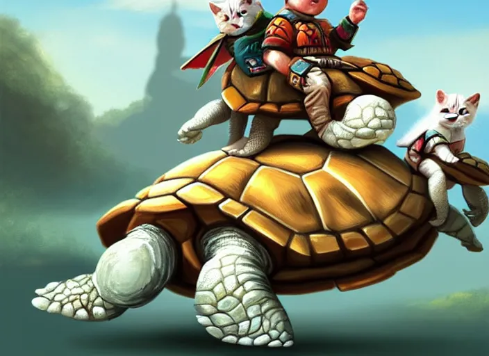 Image similar to white kittens riding giant turtles, battalion, digital oil painting, trending on artstation
