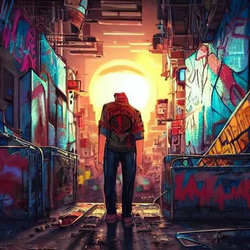 Prompt: graffiti on a wall in a cyberpunk city, happy mood, futuristic, high detail, sunset, realistic