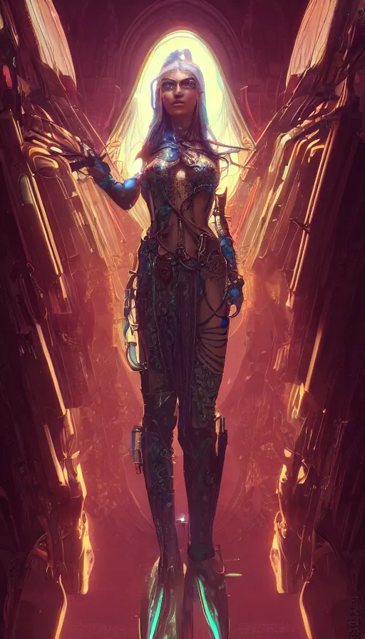 Image similar to cyberpunk angry gorgeous elven queen, neon, fibonacci, sweat drops, insane, intricate, highly detailed, digital painting, artstation, concept art, smooth, sharp focus, illustration, Unreal Engine 5, 8K, art by artgerm and greg rutkowski and alphonse mucha