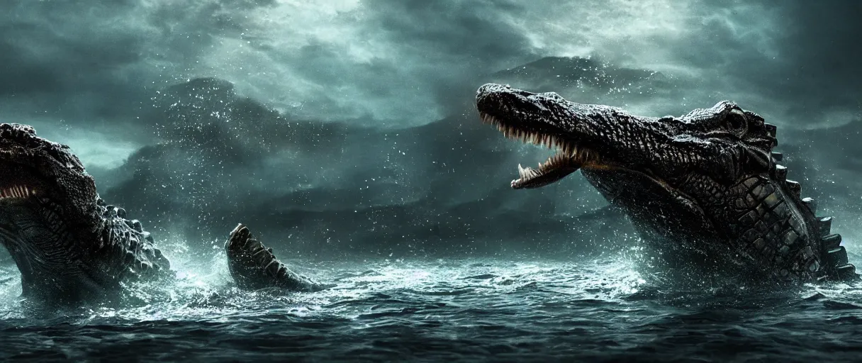 Image similar to ocean monster iron small crocodile dramatic lighting establishing shot extremely high detail foto realistic cinematic lighting post processed