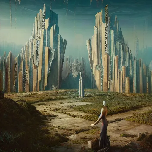 Prompt: the tarnished discovers the ruins of an artdeco city in the lands between, matte painting, detailed, elden ring, oil on canvas, by beeple