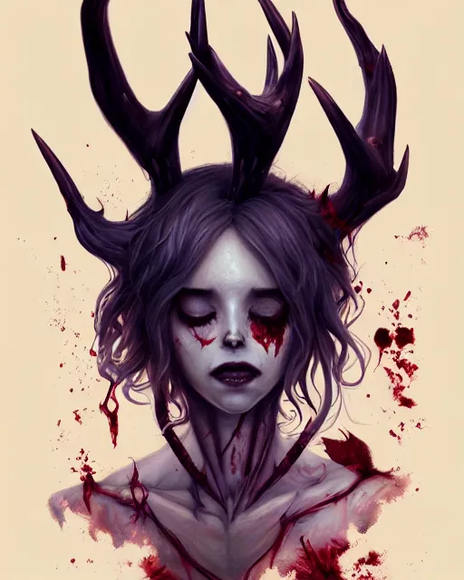 Prompt: a portrait of a beautiful full body Kacey Rohl Wendigo, antlers, spooky, skeletal face, blood, art by lois van baarle and loish and ross tran and rossdraws and sam yang and samdoesarts and artgerm, digital art, highly detailed, intricate, sharp focus, Trending on Artstation HQ, deviantart, unreal engine 5, 4K UHD image