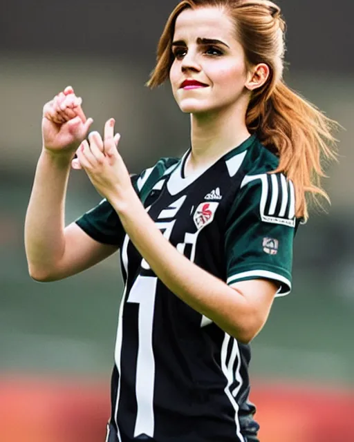 Image similar to a portrait of emma watson as a lokomotiv football player, hyper realistic