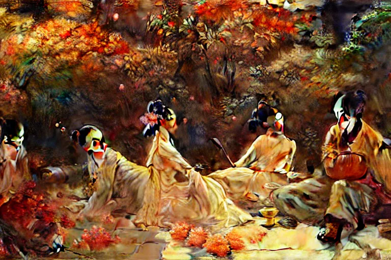 Prompt: wuxia, autumn, people drinking tea in garden, neon light, apricot flower falling, painting by gaston bussiere, craig mullins, j. c. leyendecker