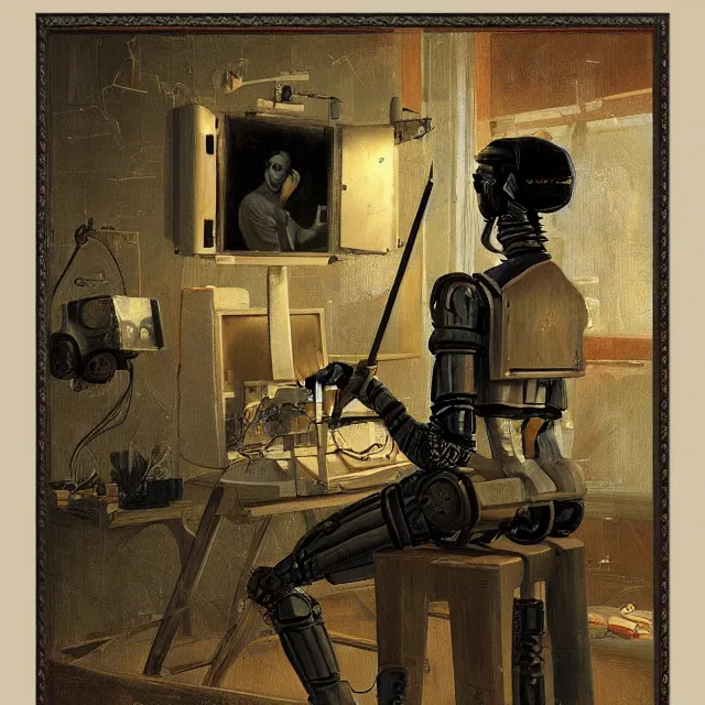 Image similar to robot artist painting a self - portrait on a canvas. intricate, highly detailed, digital matte painting, in the style of alexandros pyromallis, and in the style of boris groh, and in the style of hans thoma, and in the style of gil elvgren. irony, recursion, inspiration.