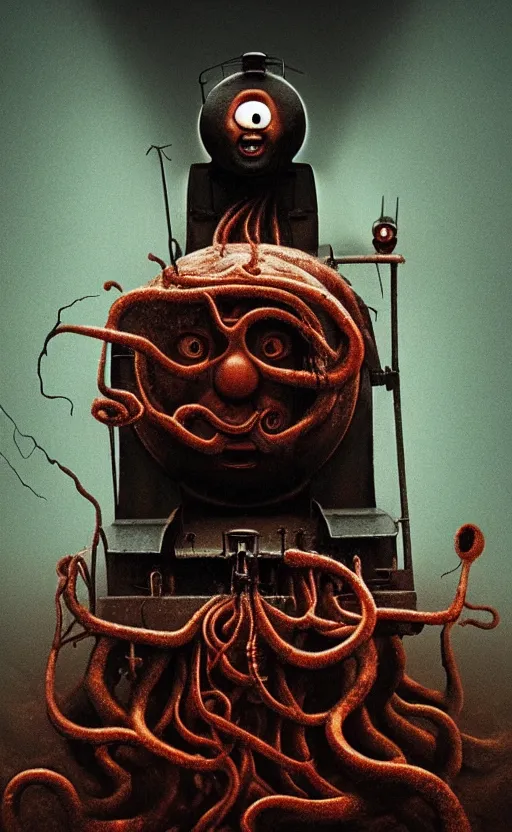 Prompt: thomas the tank engine in style of zdzisław beksinski, extremely dramatic lighting, 8 k, tendrils, black, darkness, black slime tendrils, infected, rust, body horror, thomas the train, thomas the tank engine face, horror,