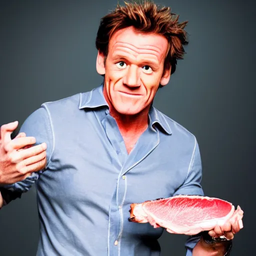 Image similar to photo of gordan ramsay holding a raw porkchop in his hand on set, highly detailed, extremely high quality, hd, 4 k, 8 k, professional photographer, 4 0 mp, lifelike, top - rated, award winning, cinematic, realistic, detailed lighting, detailed shadows, sharp, no blur, edited, corrected, trending