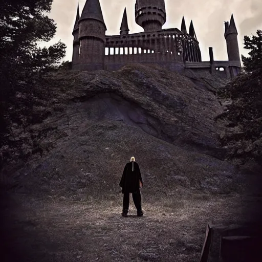 Prompt: ruins of a harry potter universe castle in the evening. a wizard with a dark vibe stands there and summons a portal that would take me back home.