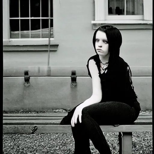 Image similar to a photograph of an emo goth girl sitting on a bench in front of a British house on a hot day, 2006, black hair