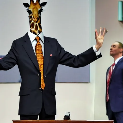 Image similar to a giraffe with a tie and pants on the spanish congressional stage