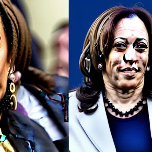 Image similar to kamala harris dressed up in hardcore gangbanger cosplay with face tattoos