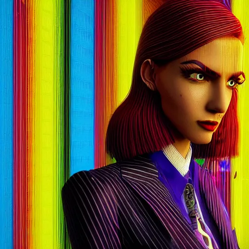 Image similar to stylish woman cartoon portrait made out of rain, pinstripe suit, short blond hair, galactic background, rendered in octane, unreal engine, highly detailed, trending on artstation, realistic, neon, beautiful