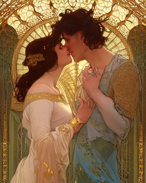 Prompt: the kiss | highly detailed | high coherence | very intricate | art nouveau | gold filigree | romantic storybook fantasy | soft cinematic lighting | award - winning | painted by mandy jurgens and alphonse mucha and alena aenami | pastel color palette | featured on artstation