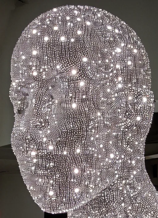 Image similar to a figurative sculpture made of one million tiny reflective spheres