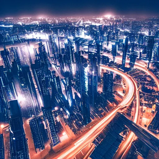 Image similar to aerial shot of the impressive dystopian cyberpunk city at night during amazing storm, nightscape, futuristic architecture, realistic photo, neons